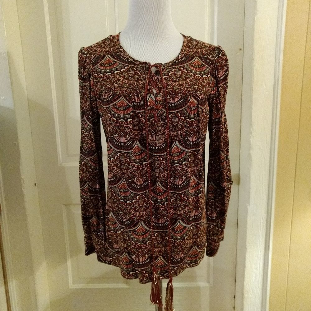 Chelsea and Violet Print Tassel Blouse Size S EUC